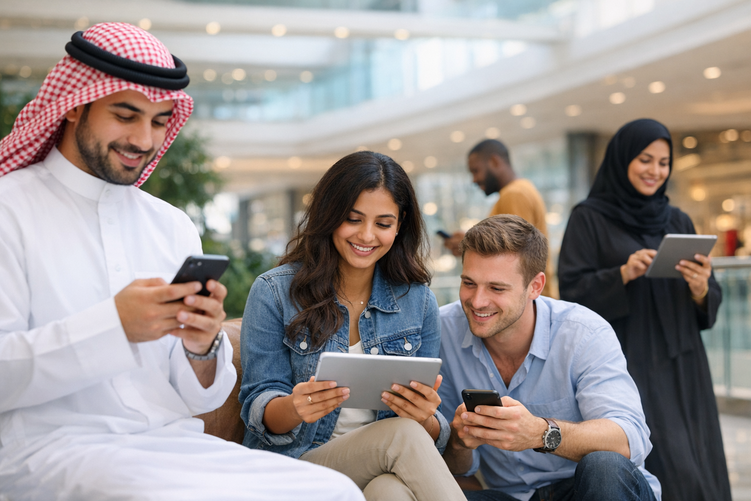 People using devices in Bahrain shopping mall