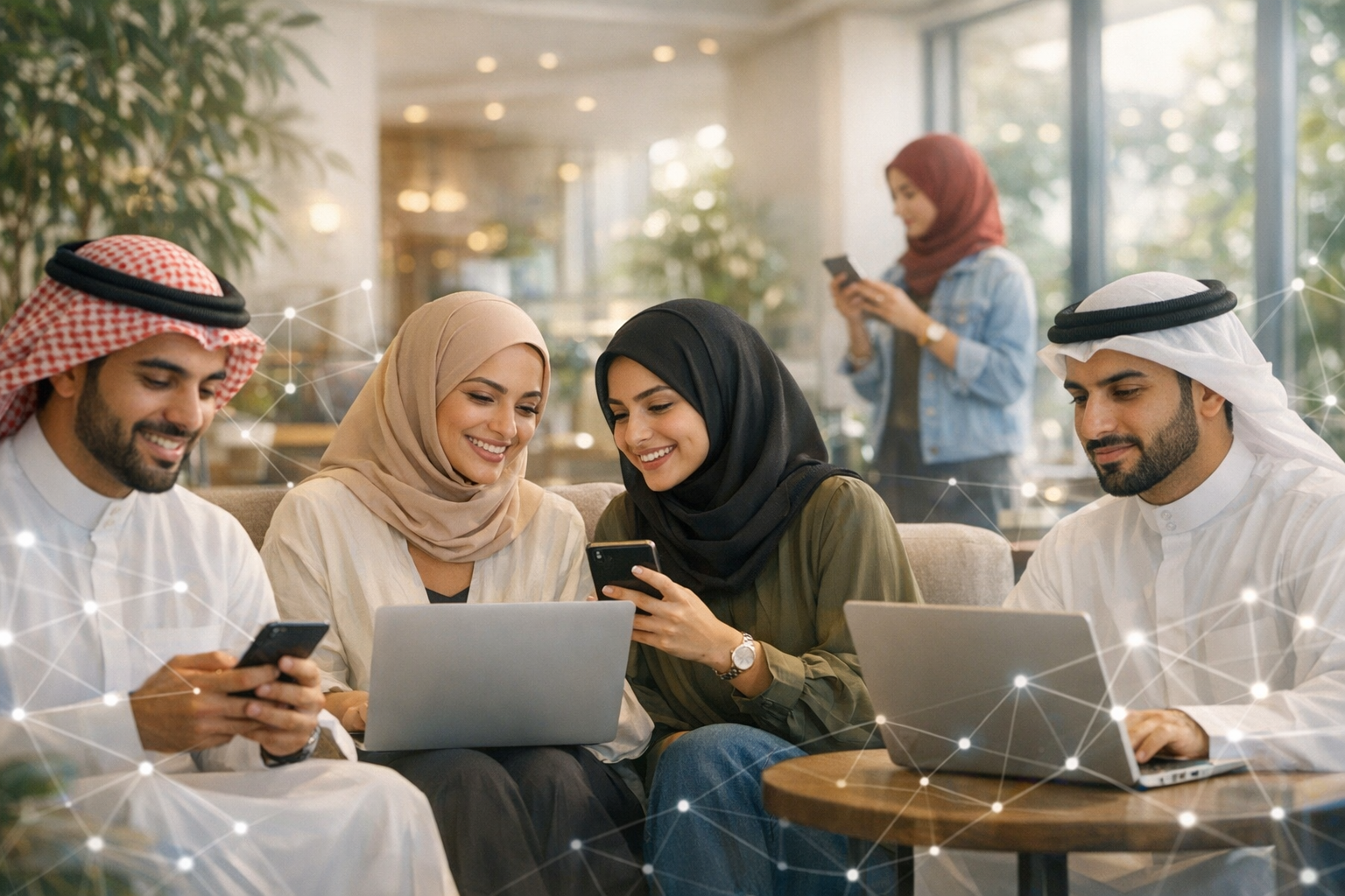 Bahraini people using digital devices with network overlay